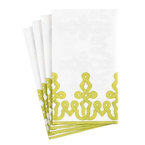 Caspari Dessin Passementerie Paper Linen Guest Towel Napkins in Moss Greens - 12 Per Package