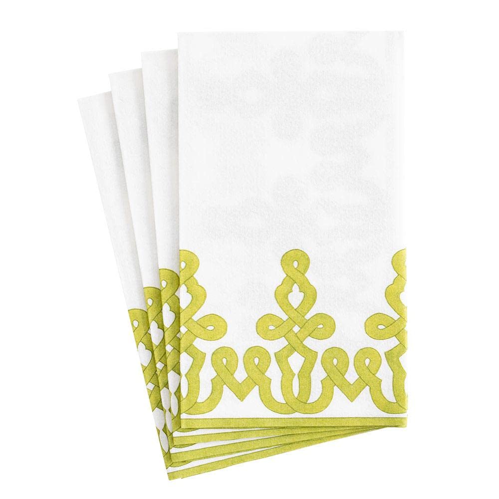 Caspari Dessin Passementerie Paper Linen Guest Towel Napkins in Moss Greens - 12 Per Package