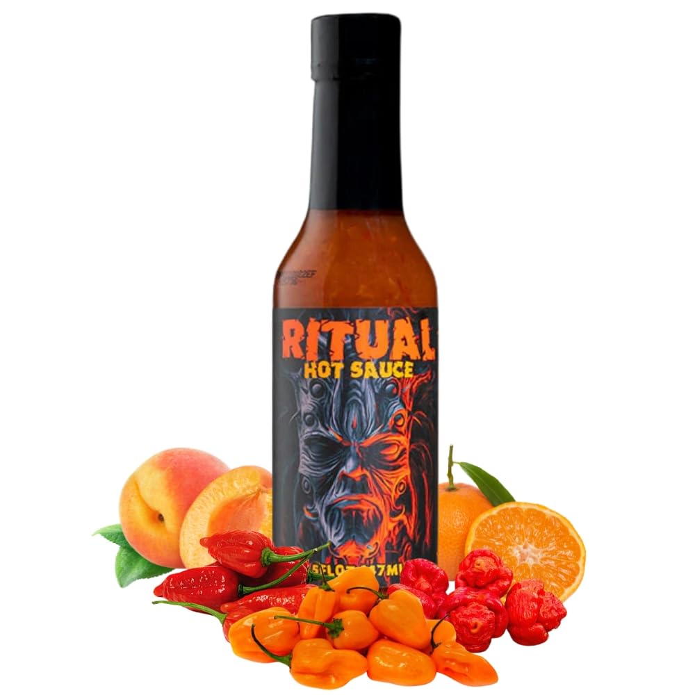 HELLFIRE RITUAL CARIBBEAN SPICED RUM-INFUSED HOT SAUCE. A TASTE OF THE ISLANDS TRINIDAD SCORPION, 7-POT PRIMO & ORANGE HABANERO PEPPERS BRING
