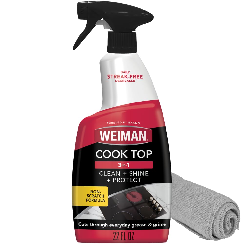Weiman 22 Fl Oz Cooktop Cleaning Spray & Microfiber Cloth - Cooktop & Oven Cleaner for Streak & Residue Free - Non-Abrasive Degreaser Safe for Glass