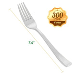 FOCUSLINE 300 Pack Disposable Silver Plastic Forks, Solid and Durable Plastic Cutlery Forks, Heavy Duty Disposable Utensil Silverware for Catering