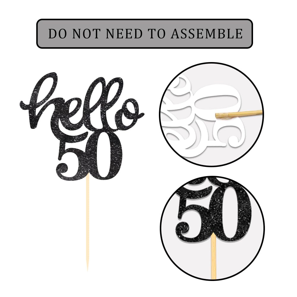 24 Pcs Black Glitter 50th Birthday Cupcake Toppers for 50th Birthday Celebrating Party Decorations