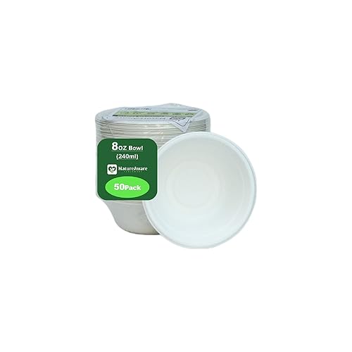 NatureAware Premium 8oz (240ml) White Bowls [50-Pack] - 100% Compostable & Eco-Friendly Disposable Everyday use paper Bowls, Heavy Duty, PFAS-Free