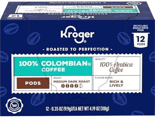Kroger Medium Dark Roast ‘Rich and Lively’ 100% Colombian Coffee K-Cups 12-Count Recyclable Pods One 4.19 oz (118g) Small Box 1 Pack