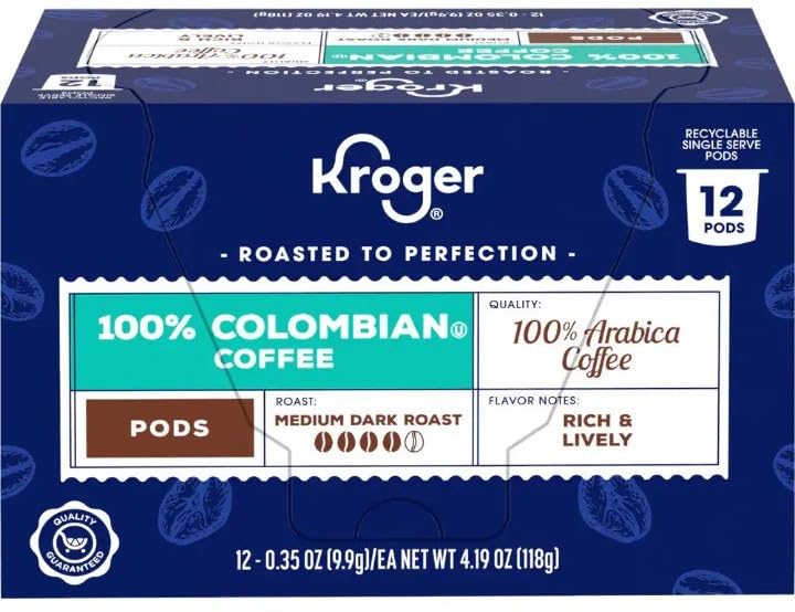 Kroger Medium Dark Roast ‘Rich and Lively’ 100% Colombian Coffee K-Cups 12-Count Recyclable Pods One 4.19 oz (118g) Small Box 1 Pack