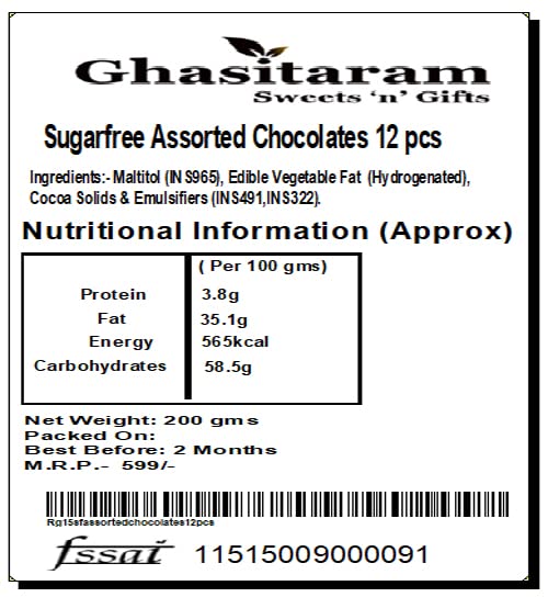 Ghasitaram Gifts Sugarfree Assorted Chocolates 12 pcs White Box-200gms