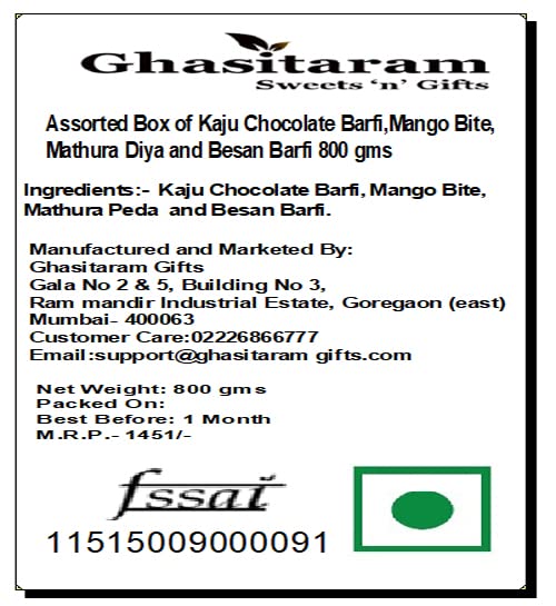 Ghasitaram Gifts Diwali Gifts Sweets- Assorted Box of Kaju Chocolate Barfi,Mango Bite, Mathura Diya and Besan Barfi 800 GMS