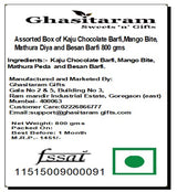 Ghasitaram Gifts Diwali Gifts Sweets- Assorted Box of Kaju Chocolate Barfi,Mango Bite, Mathura Diya and Besan Barfi 800 GMS