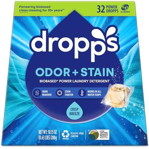 Dropps Odor & Stain Laundry Detergent Pods, Crisp Breeze (32 Count) - Powerful Laundry Pods | Complete Clean Laundry Soap | Fights Odors & Stains |