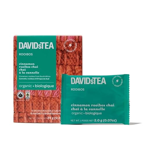 DAVIDsTEA Organic Cinnamon Rooibos Chai Tea Bags Caffeine-Free Herbal Tea with Rooibos, Apple & Cinnamon - 12 Count - Sweet, Spiced & Cozy Chai