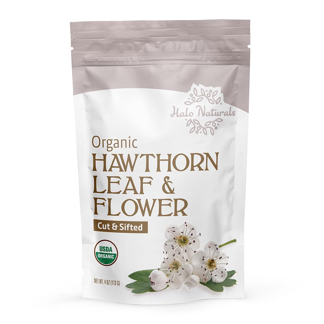 Halo Naturals Organic Hawthorn Leaf & Flower Cut & Sifted, 4 Ounces (Crataegus monogyna) Espino Blanco USDA Certified | Resealable Pouch| Packaged in