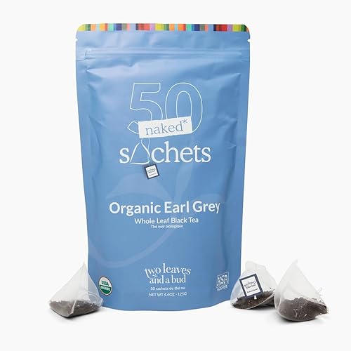 Two Leaves and a Bud Organic Earl Grey, 50 Naked Tea Sachets - Whole Leaf Black Tea in Unwrapped Pyramid Sachets, Resealable Bag, 50 Count (Pack of 1)