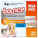 Bounce Pet Hair and Lint Guard Mega Dryer Sheets with 3X Pet Hair Fighters, Unscented, 130 Count