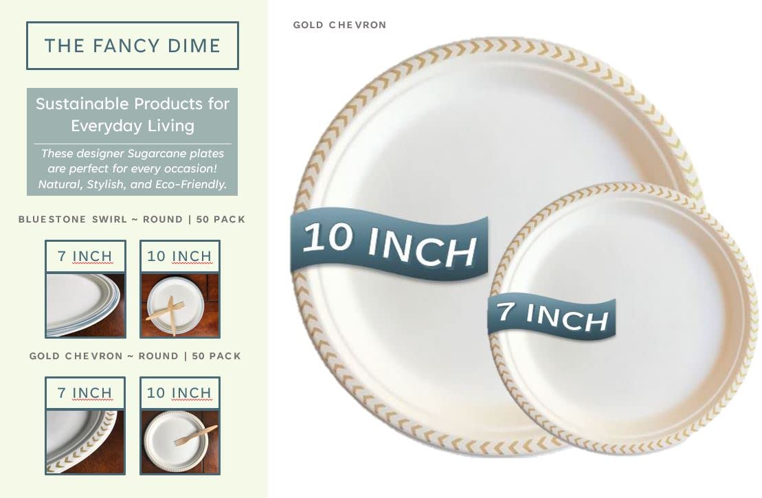 The Fancy Dime Disposable Plate: Heavy Duty Elegant Eco Friendly Compostable Paper Plates (50 Count), Tree Free Sugarcane Bagasse Plate with Color