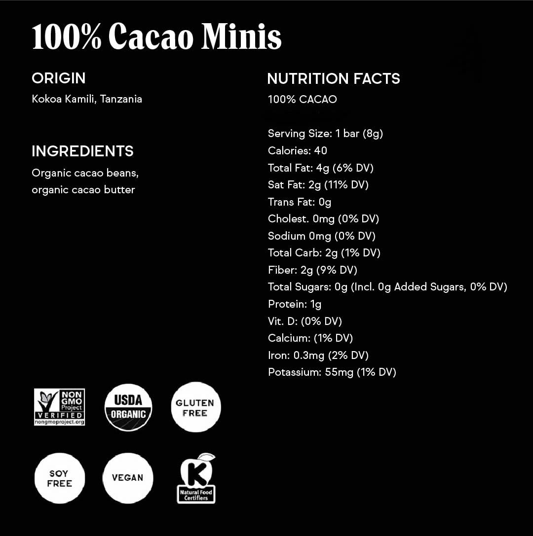 Raaka 100% Dark Chocolate Mini Bars | Unsweetened, Bitter, No Added Sugar or Artificial Sweeteners | Organic, Vegan, Gluten Free, Paleo, Kosher | Box