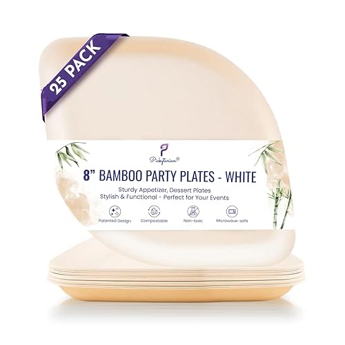 Pickytarian White Bamboo Appetizer Plates - 8 Inch Compostable Paper Plates - Heavy Duty Eco Friendly Salad Dessert Plates - Elegant Plates