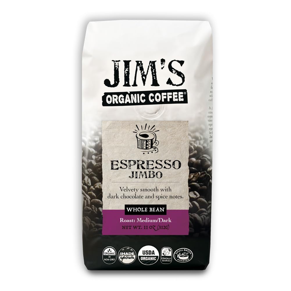 Jim’s Organic Coffee - Espresso Jimbo: Whole Bean Medium/Dark Roast 11oz Bag- Certified Organic, Regeneratively Grown, Ethically Sourced, Shade Grown