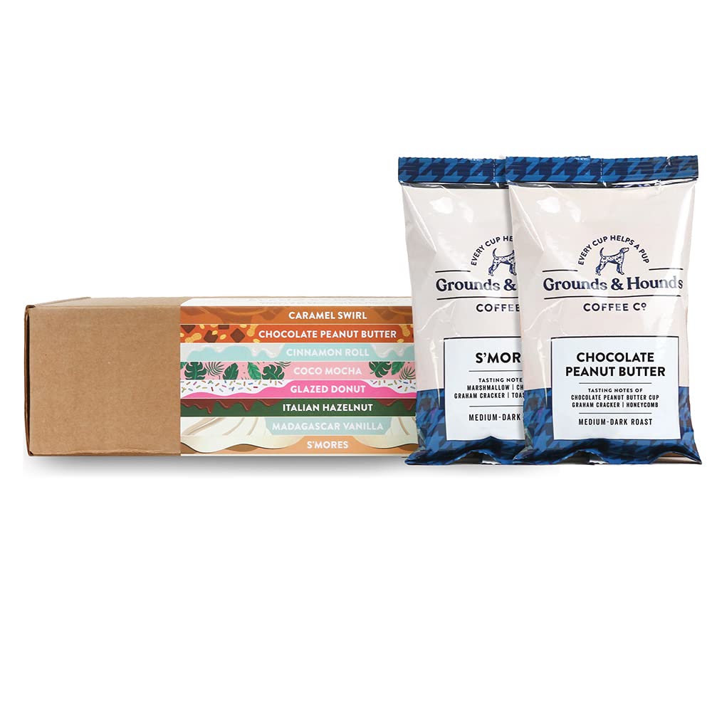 Grounds & Hounds Eight Flavored Coffee Blend Sample Kit - 100% Organic Coffee Grounds, Coffee Frac Pack, Ground Coffee Variety Pack, Includes Eight