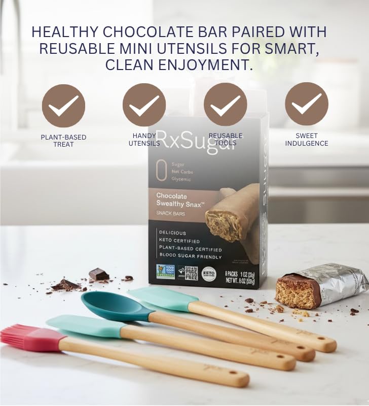 Plant-Based Keto Chocolate Bar, 8 OZ. Bundle with Silicone/Wood Mini Utensils - Sugar Chocolate Smooth, Low-Carb, Sugar Conscious Snack for Baking
