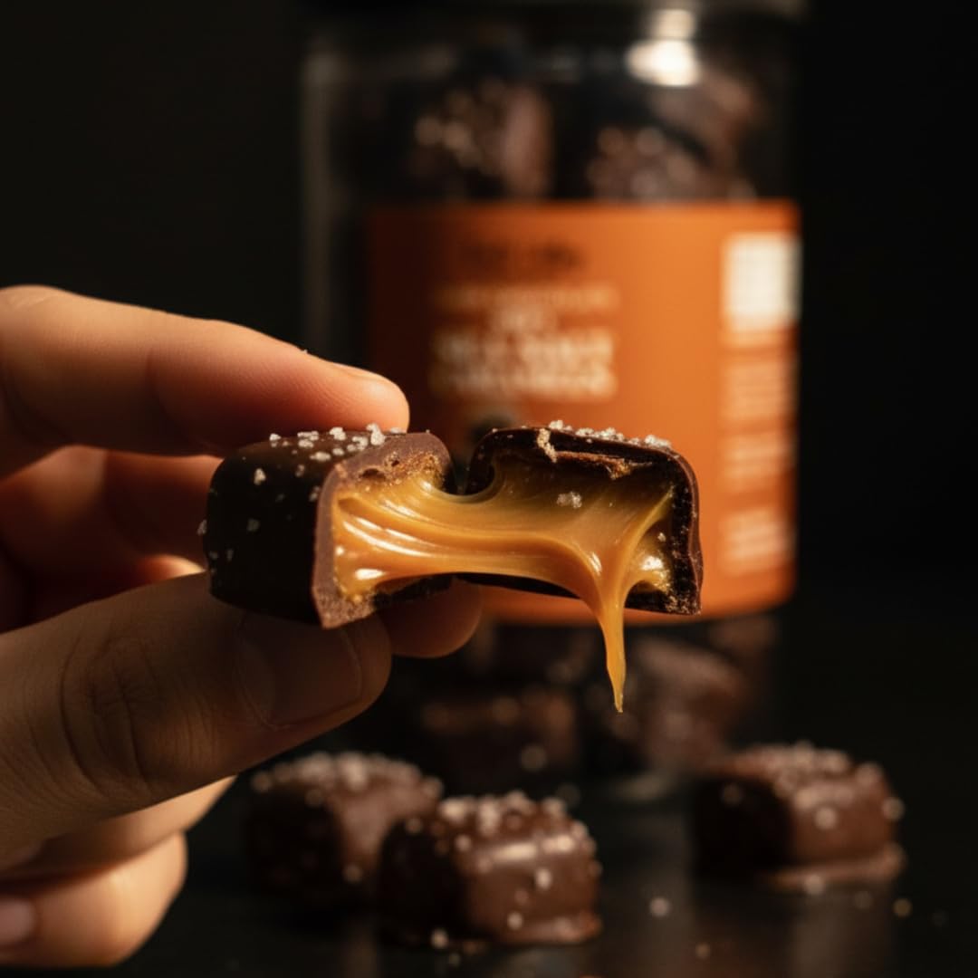 Taste Valley Dark Chocolate Sea Salt Caramels - 36 oz Bulk Resealable Jar - Soft & Chewy Gourmet Candy - Rich & Decadent Treats for Holidays, Gifts