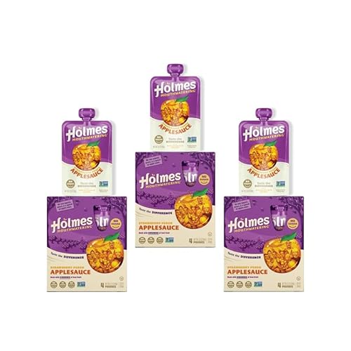 Holmes Mouthwatering Applesauce, Applesauce Squeeze Pouch, Organic Strawberry Applesauce Pouches with Real Chunks of Fruit, No Artificial Flavors