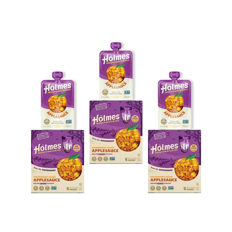 Holmes Mouthwatering Applesauce, Applesauce Squeeze Pouch, Organic Strawberry Applesauce Pouches with Real Chunks of Fruit, No Artificial Flavors