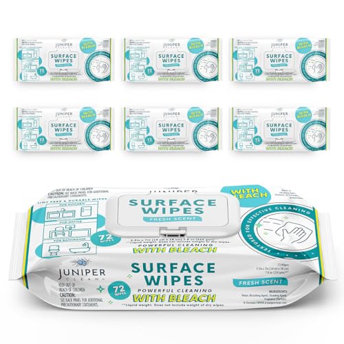 Juniper CLEAN 6 Pack Surface Cleaning Wipes with Bleach, All-Purpose Cleaner for Bathroom, Kitchen, Office, 72 Count Soft Flow, Fresh Scent, Lint Free
