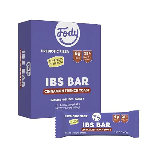 Fody Foods IBS Snack Bars, Cinnamon French Toast, 1.41 Oz (Pack of 12), 6g Prebiotic Fiber, Low FODMAP, Gut & IBS Friendly, Lactose Free, Non-GMO
