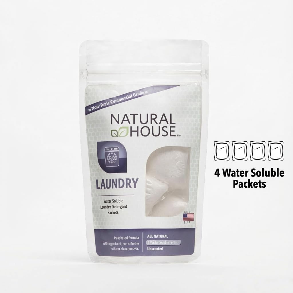 Natural House Laundry Pods - Plant-Based Detergent with Oxygen Boost - Septic-Safe, Plumbing-Friendly - Fragrance Free - 4 Count Trial Pack