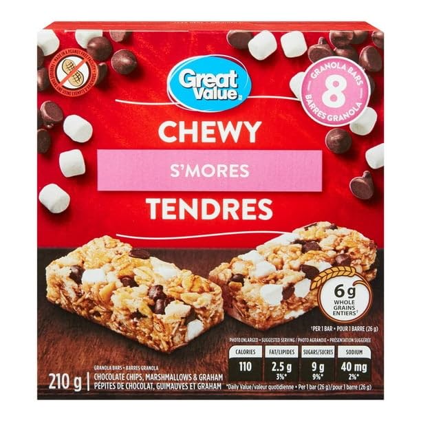 Great Value Chewy S'mores Granola Bars, 8 Bars, 210g/7.35 oz. Box (Imported from Canada)