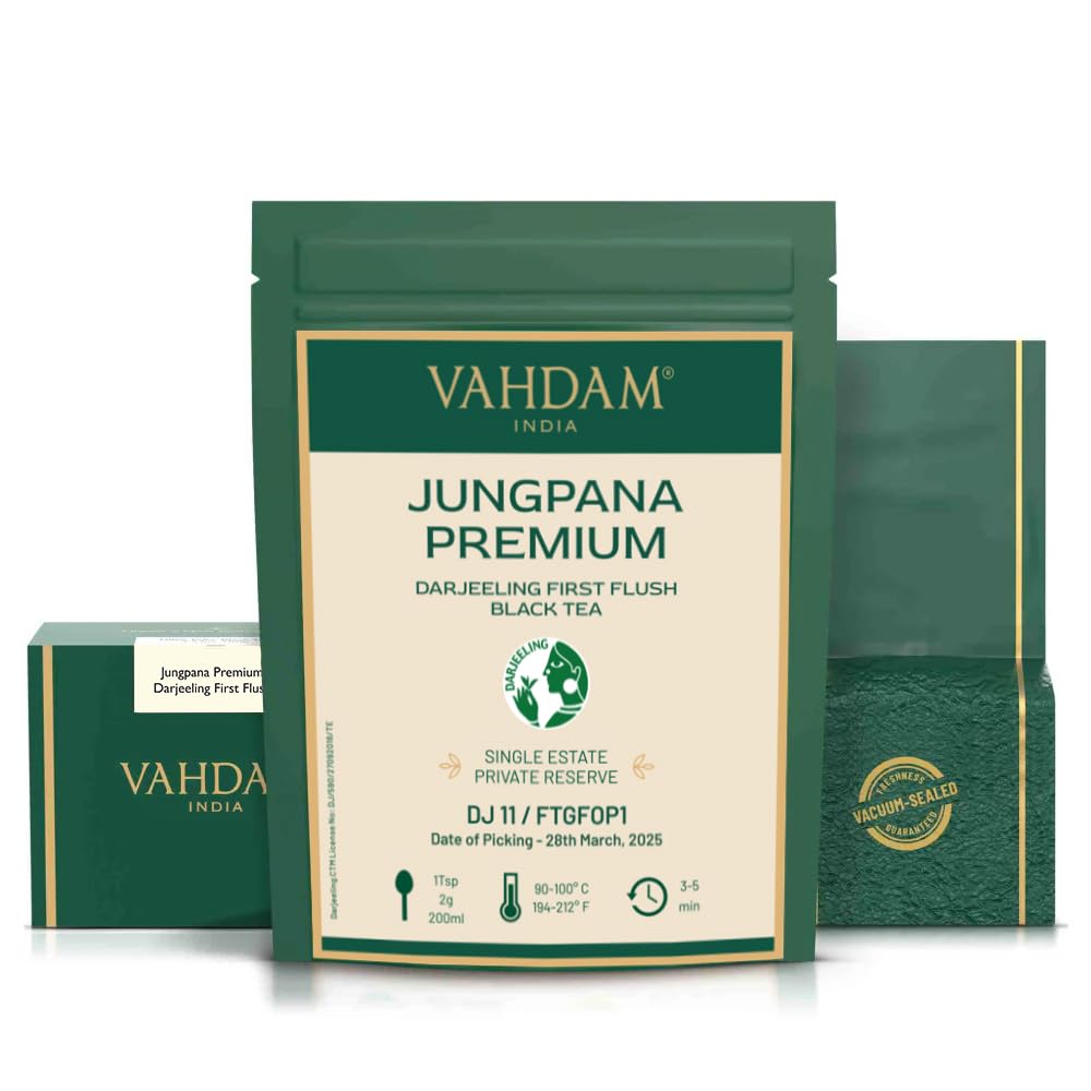 VAHDAM, Jungpana Premium Darjeeling First Flush Black Tea 2025 | 3.53oz/100g | Pure Unblended & Freshly Hand-Picked Loose-Leaf Tea | Brews 50+ Cups