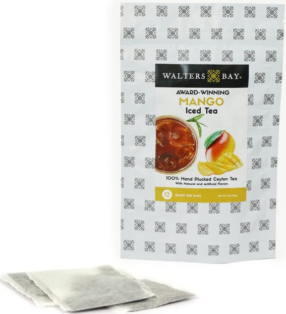 Walters Bay Mango Iced Tea, 12 Count, Quart Sized Tea Bags, Ceylon Tea, Unsweetened, Luscious Mango Fruit Flavored, 100% Hand Plucked, Black Tea, Sri