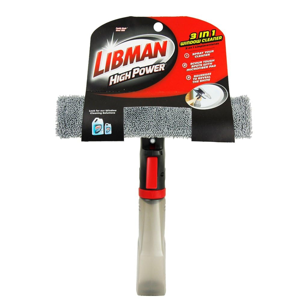 Libman 3-in-1 Window Squeegee Spray Tool - Spray Bottle with Microfiber Scrubber and Rubber Blade - All-in-One Glass Cleaner - Streak-Free Shine
