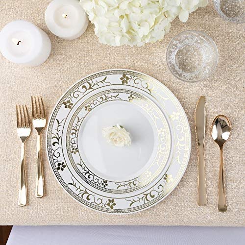 125-Piece White and Gold Floral Fancy Plastic Plates Disposable with Silverware, Elegant Dinnerware for Weddings, Holiday Party China, Set of 25