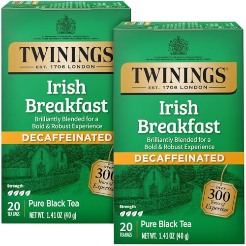 Twinings Irish Breakfast Tea, Decaf Tea Bags, Strong and Distinctive Black Decaffeinated Tea, 20 Individually Wrapped Tea Bags (Pack of 2)