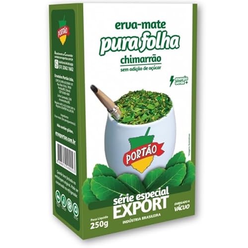 Yerba Mate Chimarrão Pura Folha Portão Fresh and Green Brazilian Tea Erva Mate Pure Leaf Chimarrão Vacuum Sealed 250g / 8.82oz / 0.55lb. (Pack of 4)