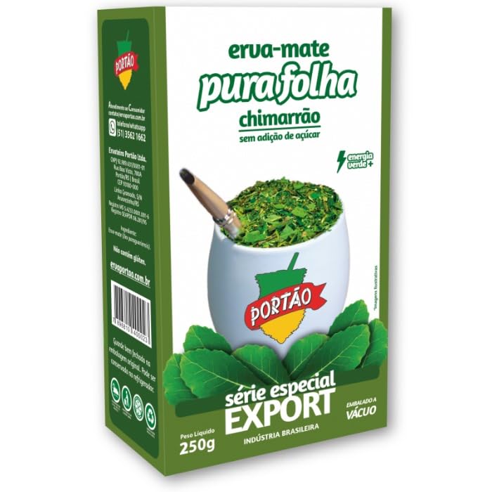 Yerba Mate Chimarrão Pura Folha Portão Fresh and Green Brazilian Tea Erva Mate Pure Leaf Chimarrão Vacuum Sealed 250g / 8.82oz / 0.55lb. (Pack of 4)