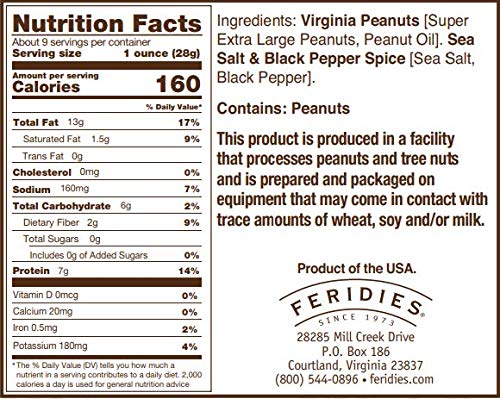 FERIDIES Salt and Pepper Peanuts, Super Extra Large Salted Virginia Peanuts, 9oz CAN