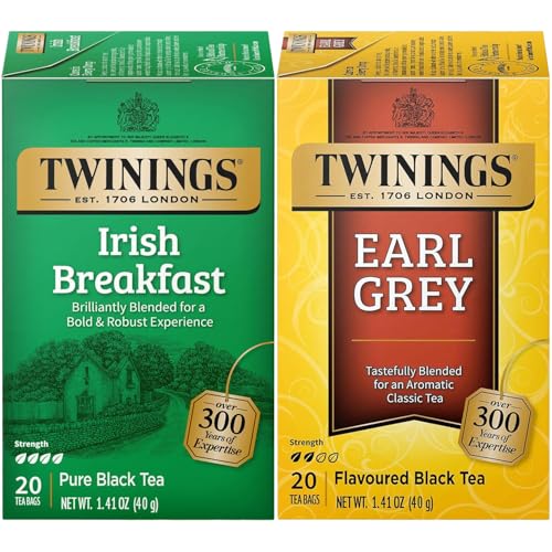 Twinings Tea Variety 2-Pack - Earl Grey + Irish Breakfast, Caffeinated Black Tea Bags, Individually Wrapped, 20 Count Each