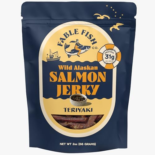 Fable Fish Wild Alaskan Salmon Jerky - Wild Caught Salmon with 31g of Protein - Tasty Fish Jerky with Omega-3s and Natural Source of Collagen - Made