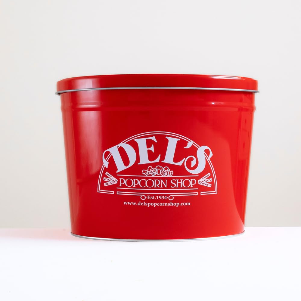 2 Gallon Popcorn Tin Gift - Half Cheese/Half Caramel Gourmet Popcorn Gift Tin - Del's Popcorn Shop