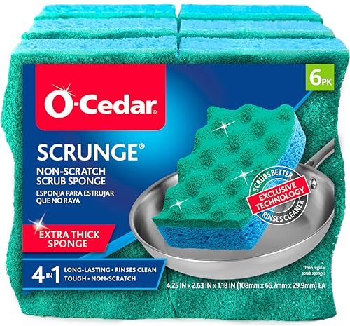 O-Cedar Scrunge Non-Scratch Scrub Sponge (Pack of 6) Multi-Use, All-Purpose, Odor-Resistant, Scrubbing Sponge Safely Cleans All Hard Surfaces in