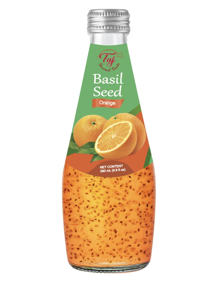 TAJ Orange Basil Seed Drink, Naturally Refreshing & Cooling, 290ml Glass Bottle, 6-Pack