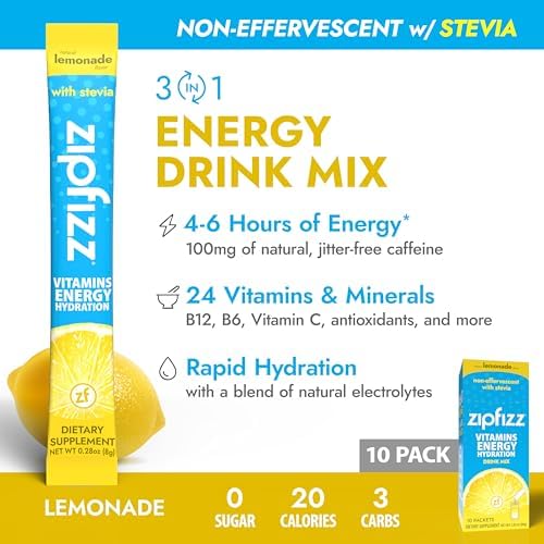 Zipfizz Stevia Energy Drink Powder, Lemonade, 10 Pack - 3-in-1 Sustained Energy, Rapid Hydration & Essential Vitamins - Sugar-Free, Non-Effervescent