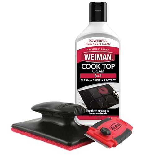 Weiman Glass & Ceramic Cooktop, Stove Top & Oven Cleaner Kit - Kitchen Cleaner Cream, 3 Scrubbing Pads & Scraper for Burnt-On Food & Grease, Clean