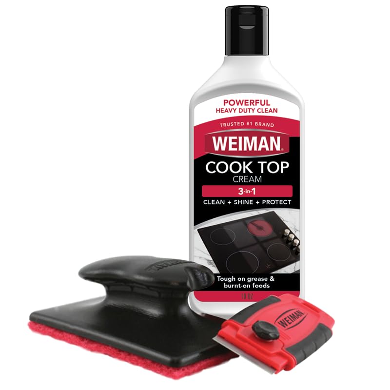 Weiman Glass & Ceramic Cooktop, Stove Top & Oven Cleaner Kit - Kitchen Cleaner Cream, 3 Scrubbing Pads & Scraper for Burnt-On Food & Grease, Clean
