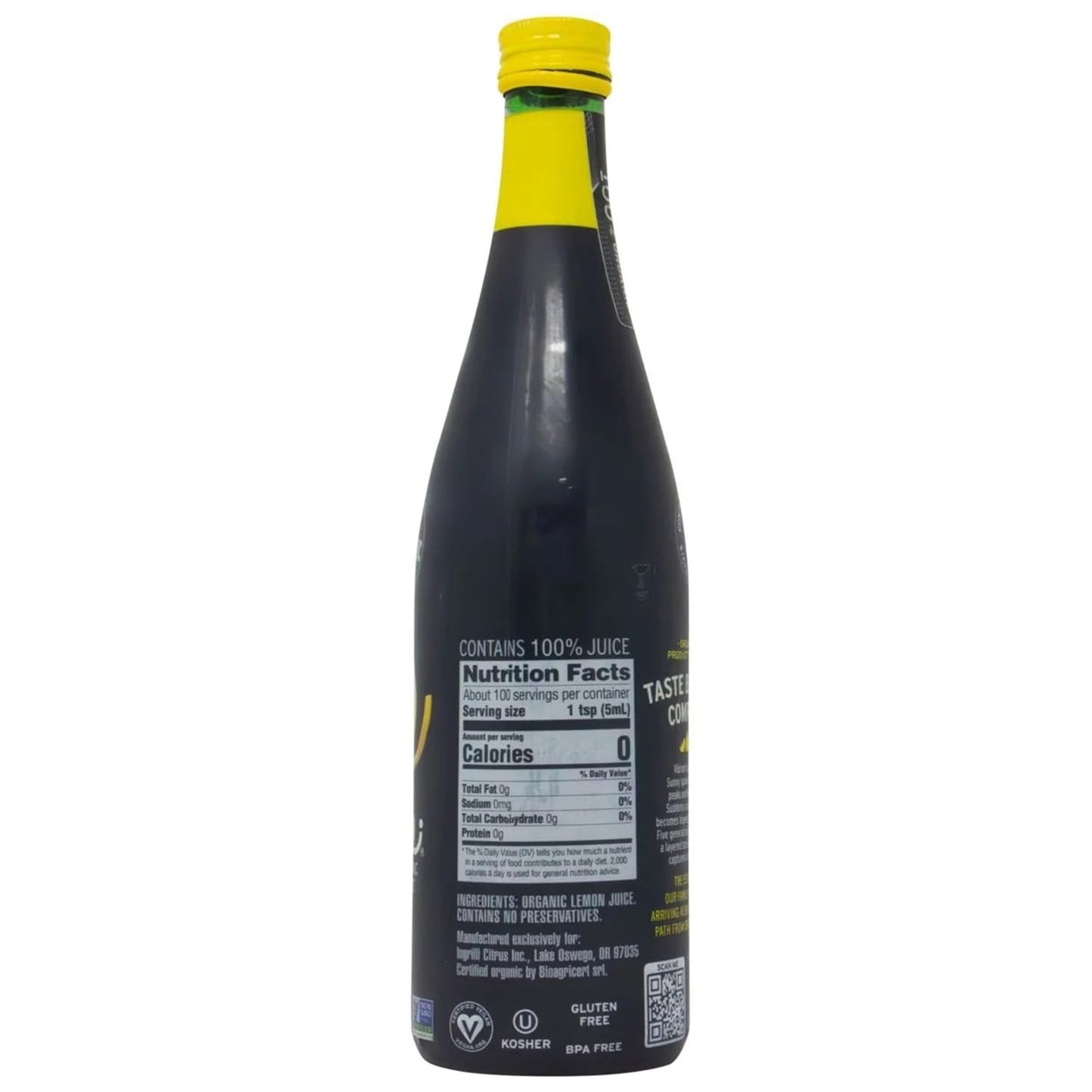 Ingrilli 100% Organic Lemon Juice, 16.9 Fl Oz Glass Bottle (Pack of 3)