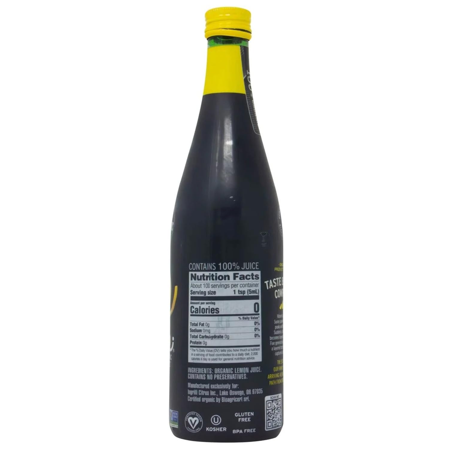 Ingrilli 100% Organic Lemon Juice, 16.9 Fl Oz Glass Bottle (Pack of 3)