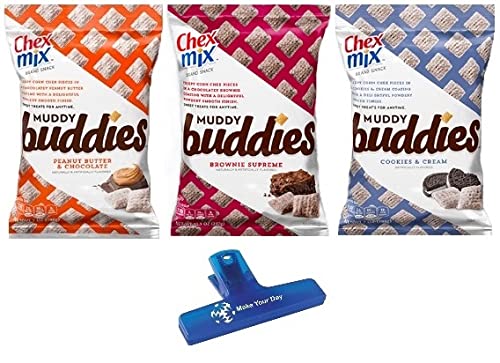 Chex Mix Muddy Buddies, Peanut Butter & Chocolate, Brownie Supreme, and Cookies & Cream, One 4.25oz Bag of Each Flavor with Make Your Day Bag Clip