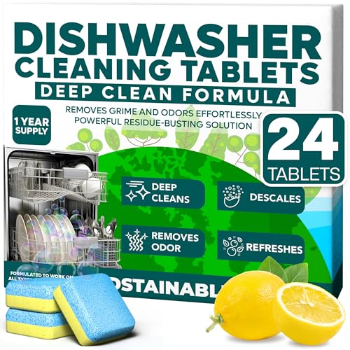 Sudstainables Dishwasher Cleaner and Deodorizer Tablets, 24 Pack - Dishwasher Cleaning Tablets for Odor and Buildup Removal, Descaler - 1-Year Supply